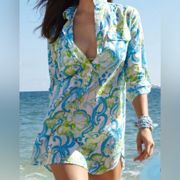 Lilly Pulitzer Other - LILLY PULITZER Crystal Coast Captiva Tunic Cover Up Blue/ Green Floral Top Large